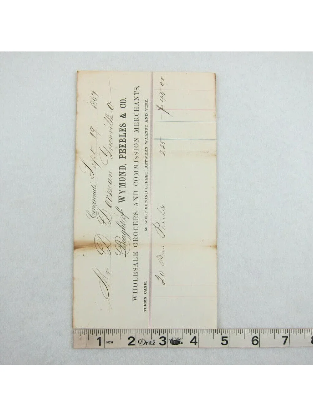 Antique 1867 Wymond Peebles Co Wholesale Grocer Cincinnati Ohio Receipt Invoice